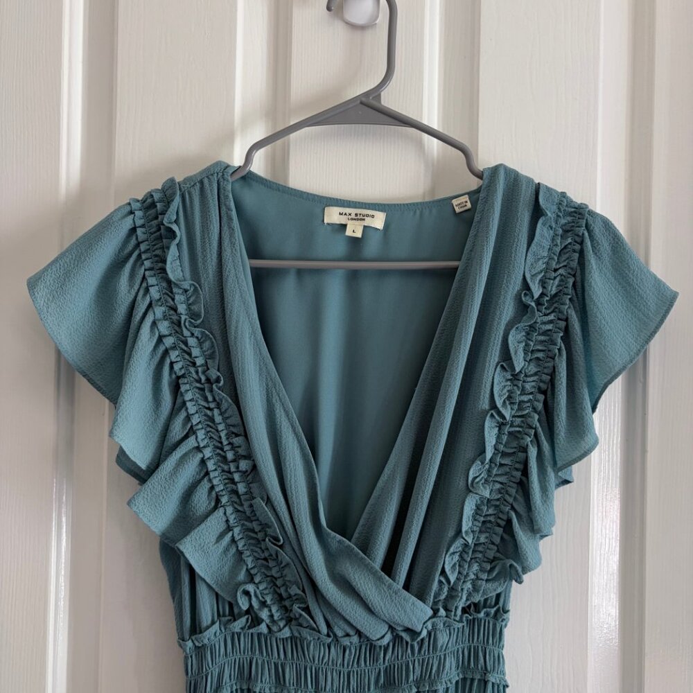 Max Studio Blue Pebble Crepe Flutter Sleeve Maxi Dress